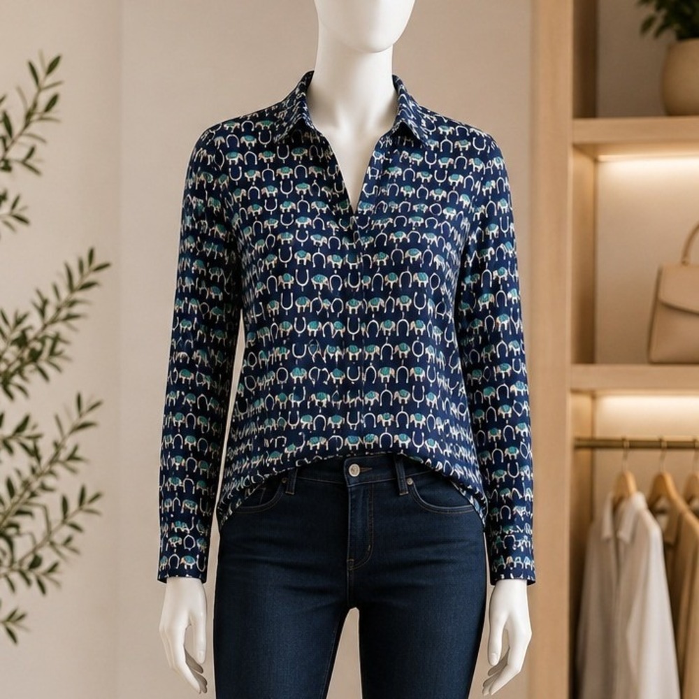 J.Crew Womens Button Down Elephant Print Perfect Shirt Navy Blue 2